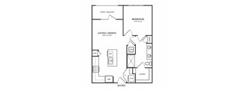 A floor plan of a home with a bedroom, living/dining area, and closet.