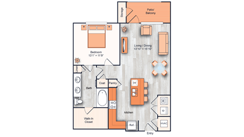 A floor plan of a house with a bedroom, bathroom, kitchen, living room, and a balcony.