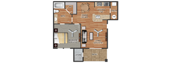 A floor plan of a house with a bedroom, bathroom, kitchen, dining room, living room, and a store and patio.