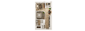A top-down view of a small apartment with a living room, kitchen, and bathroom.