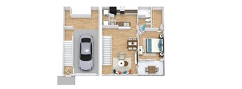 A car is parked in a garage attached to a house.