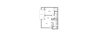 A floor plan of a house with a bedroom, dining room, living room, and kitchen.