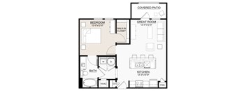 A floor plan of a house with a bedroom, bathroom, kitchen, and two living rooms.