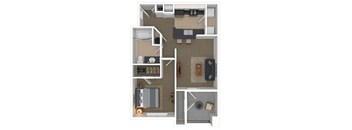 a stylized floor plan with a bedroom and living room