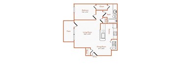 A floor plan of a home with a bedroom, living room, kitchen, and dining room.