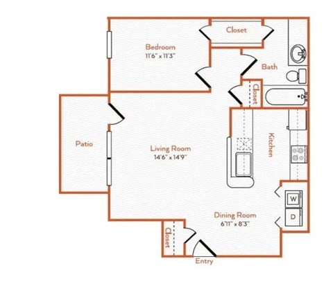 A floor plan of a home with a bedroom, living room, kitchen, and dining room.