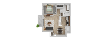 A top-down view of a small apartment with a kitchen, living room, and bathroom.