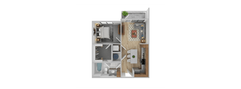 A top-down view of a small apartment with a kitchen, living room, and bathroom.