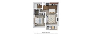 A floor plan of a small apartment with an entry, a bedroom, and an exterior storage area.