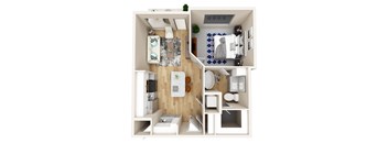 A modern apartment layout with a kitchen, living room, and bathroom.