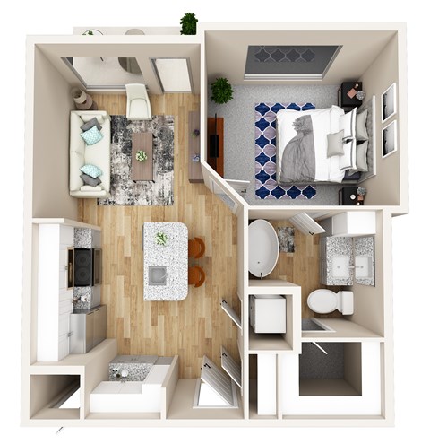 A modern apartment layout with a kitchen, living room, and bathroom.