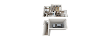 A top-down and side view of a house layout with a car parked in the garage.