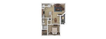 A top-down view of a small apartment with a bedroom, living room, and kitchen.