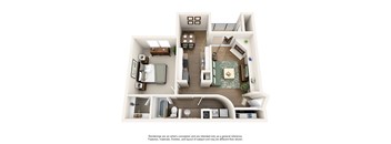 A drawing of a house with a kitchen, living room, and bathroom.