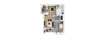 A top-down view of a small apartment with a kitchen, living room, and bathroom.