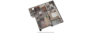 A 3D floor plan of a small apartment with a kitchen, living room, and bedroom.