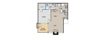 A floor plan of a house with a sleeping area, a kitchen, a dining area, a living room, a bathroom, a patio, and a fireplace.