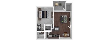 A floor plan of a small apartment with a kitchen, living room, and bathroom.