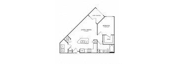 A black and white drawing of a house with a living room, dining room, and bedroom.