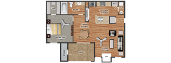 A floor plan of a house with a kitchen, dining room, living room, and bedrooms.