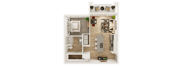 A top-down view of a modern apartment layout with a kitchen, living room, and bathroom.