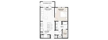 A floor plan of a house with a kitchen, bathroom, bedroom, and great room.