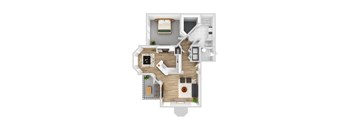 A top-down view of a house layout with a living room, kitchen, and two bedrooms.