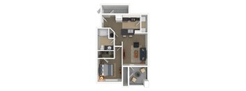 a stylized floor plan with a bedroom and living room