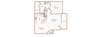 A floor plan of a home with a living room, dining room, kitchen, patio, and two bedrooms.