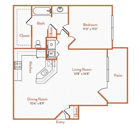 A floor plan of a home with a living room, dining room, kitchen, patio, and two bedrooms.
