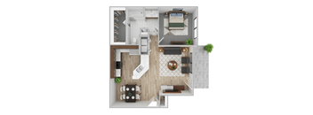 A top view of a small apartment with a kitchen, living room, and dining area.