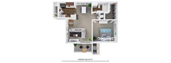 A floor plan of a 600 square foot apartment with a bedroom, living room, kitchen, and bathroom.