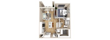A 3D floor plan of a small apartment with a kitchen, living room, and bathroom.