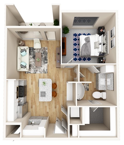 A 3D floor plan of a small apartment with a kitchen, living room, and bathroom.