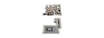 A top and side view floor plan of a house with a garage.