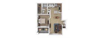A floor plan of a house with a living room, two bedrooms, a bathroom, and a kitchen.
