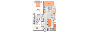 A floor plan of a house with a bedroom, living room, kitchen, and bathroom.