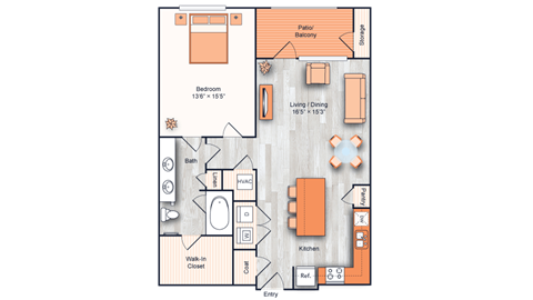 A floor plan of a house with a bedroom, living room, kitchen, and bathroom.