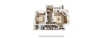 A 3D rendering of a modern apartment layout.