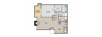 A floor plan of a house with a sleeping area, a bathroom, a kitchen, a dining area, a living room, a patio, and a walk-in closet.