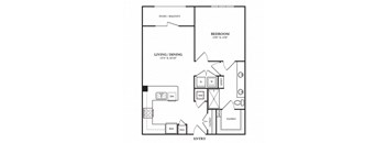 A black and white floor plan of a home with a living room, dining room, kitchen, and bathroom.