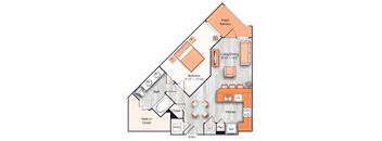 A diagram of a house layout with labeled rooms such as Bath, Kitchen, Living/Dining, and Patio Balcony.