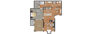A floor plan of a house with a bedroom, kitchen, living room, and bathroom.