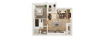 A top-down view of a living room with a couch, coffee table, and kitchen area.