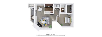 A floor plan of an apartment with a kitchen, living room, and bathroom.