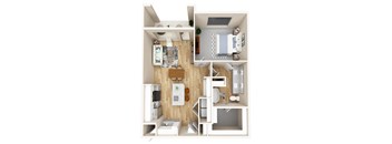 A 3D floor plan of a small apartment with a kitchen, living room, and bathroom.