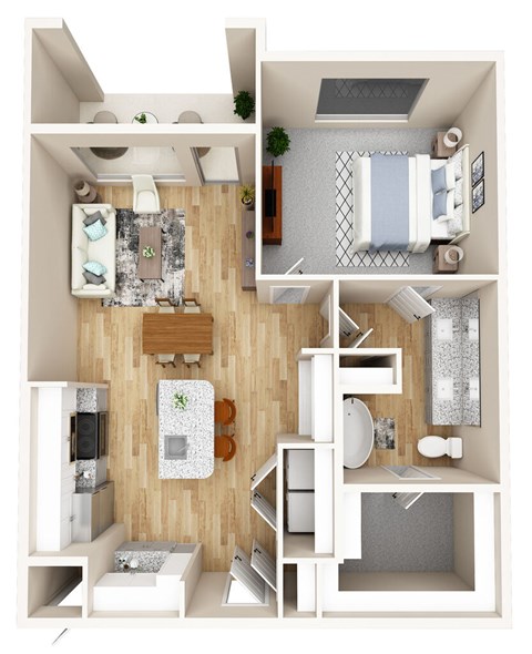 A 3D floor plan of a small apartment with a kitchen, living room, and bathroom.