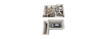 A top and side view of a house plan with a car in the garage.