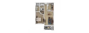 A floor plan of a two-bedroom apartment with a living room, kitchen, and bathroom.