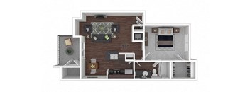 A 3D floor plan of a house showing a kitchen, living room, and two bedrooms.